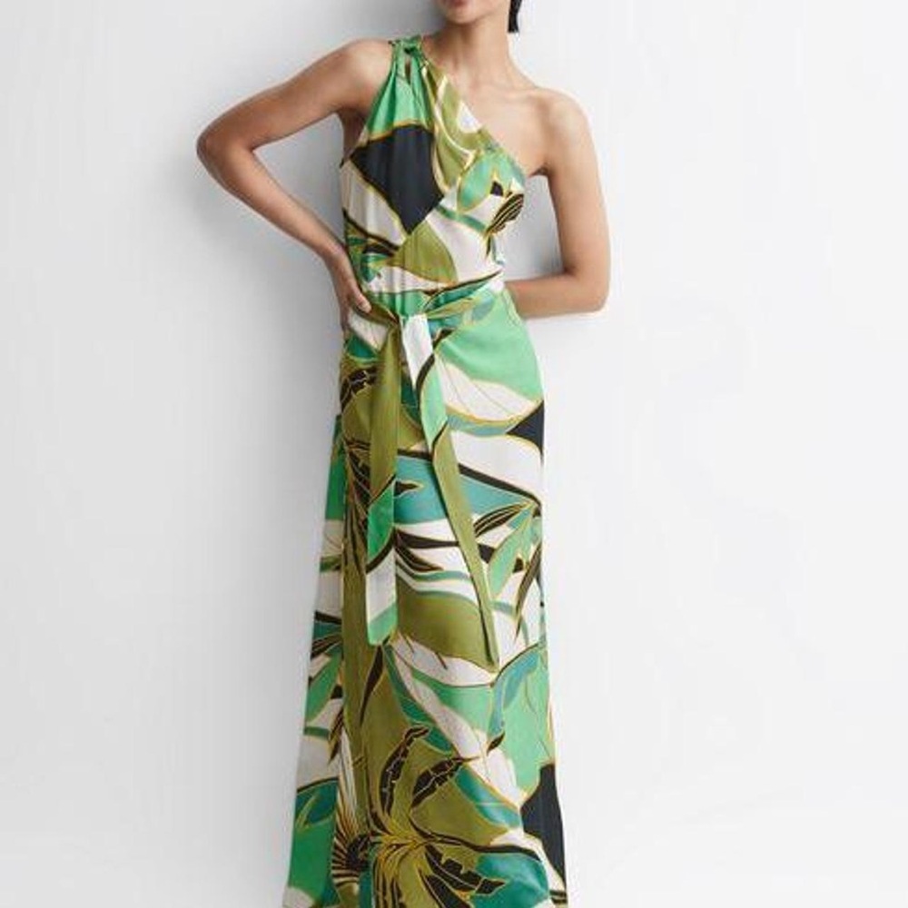 Reiss Tina Jungle Print Satin One Shoulder Maxi Dress Green Womens Size 14